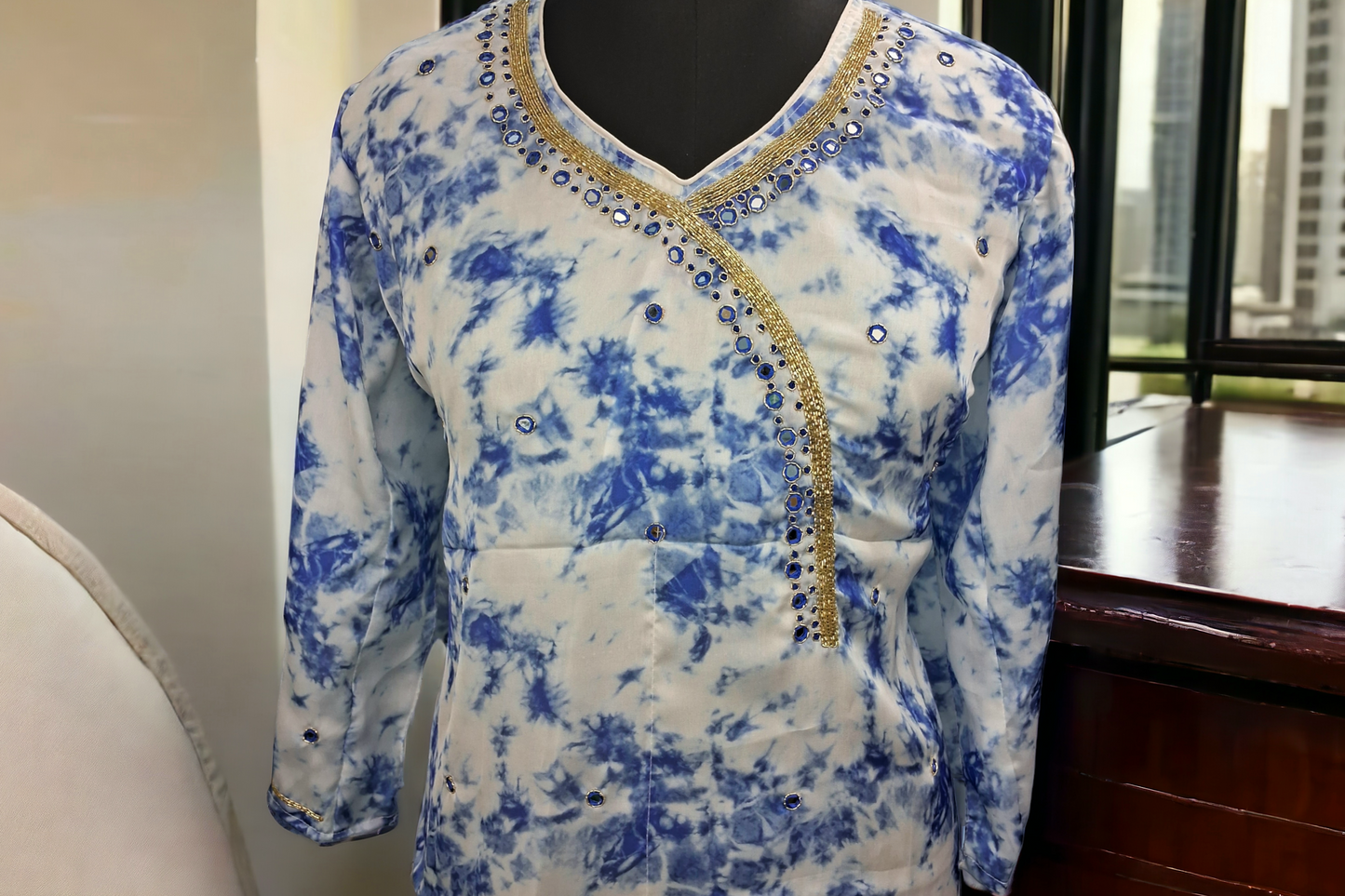 Tye and dye blue french crepe  kurti