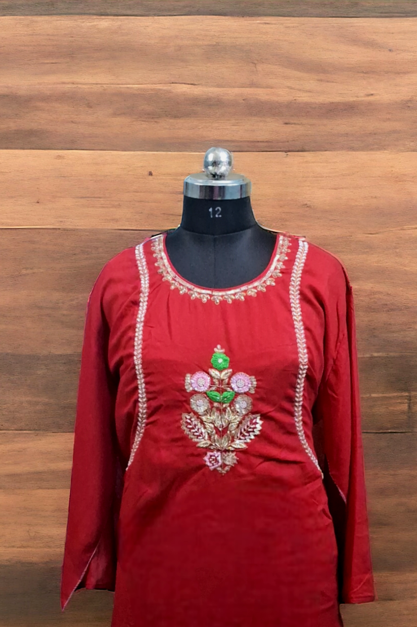 Red zardozi rayon kurti